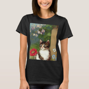 Vintage Cat Illustration med Vår blommor T Shirt