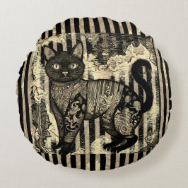 Vintage Cat Retro,Stripes Pattern  Rund Kudde