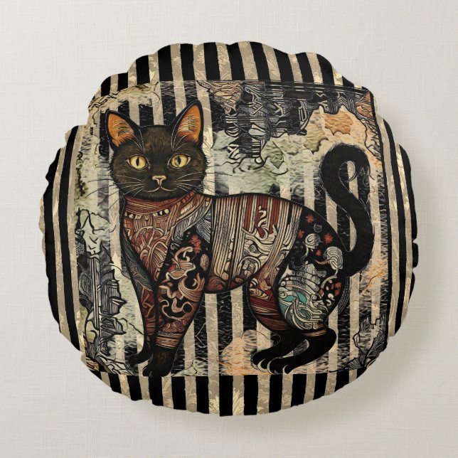 Vintage Cat Retro,Stripes Pattern  Rund Kudde (Framsidan)