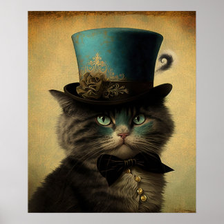 Vintage Cat Självporträtt i Blue Fashioned Hat Poster