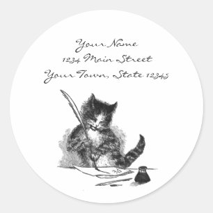 Vintage Cat Skriva en Brev Runt Klistermärke