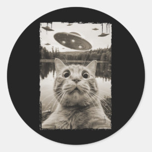 Vintage Cat Ufo-möten - lustigt Ufo- och kattstål Runt Klistermärke