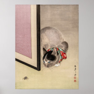 Vintage Cat Watching a Spider Japansk Art Poster