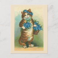 "Vintage Cat with Glöm me-nots" vykort