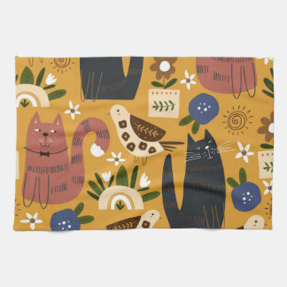 Vintage Cats and Birds, Hand plockade. Kökshandduk