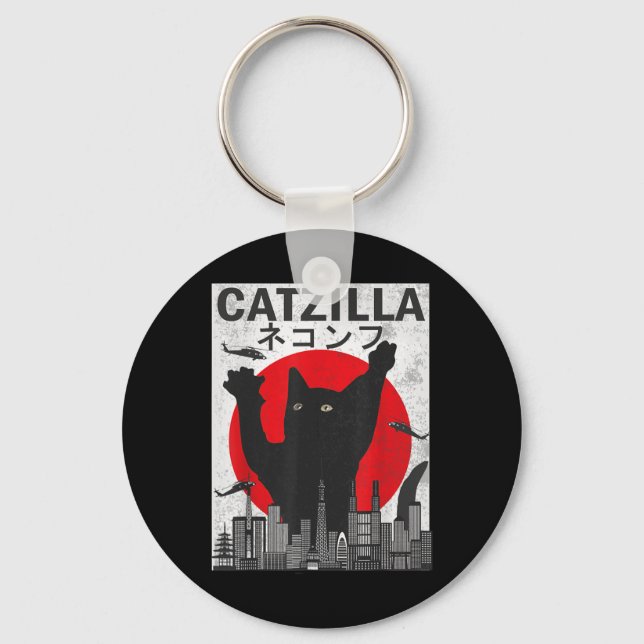Vintage Catzilla Japansk Sunset Stil Cat Kitten Nyckelring (Framsida)