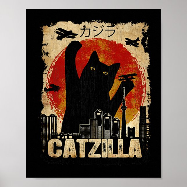 Vintage Catzilla - Rolig Kattunge Och Katt Tröja Poster (Framsidan)