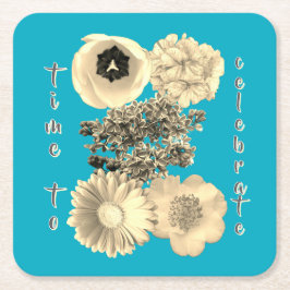 Vintage Celebration Teal Sepia Blommor Underlägg Papper Kvadrat