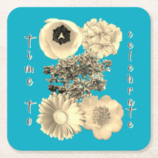 Vintage Celebration Teal Sepia Blommor Underlägg Papper Kvadrat