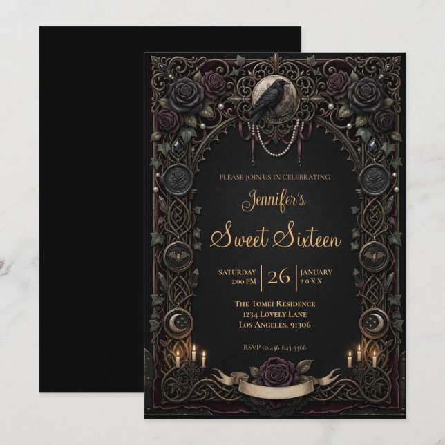 Vintage Celestial Gothic Sweet 16 Inbjudningar (Fram/baksida)