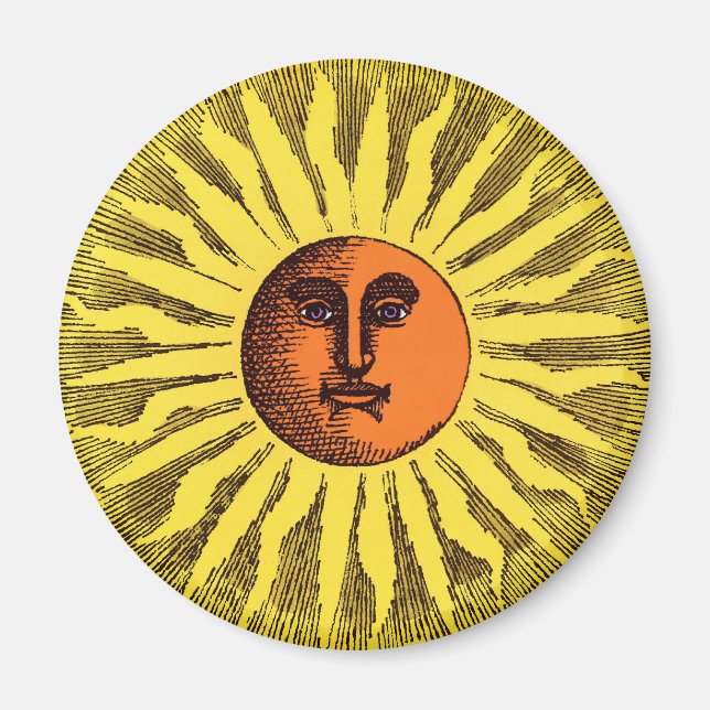 Vintage Celestial Gult leende Lycklig Hippie Sol Magnet (Framsidan)