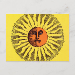 Vintage Celestial Gult leende Lycklig Hippie Sol Vykort
