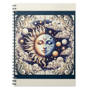 Vintage Celestial Halv Sol & Måne Blå Gul Anteckningsbok