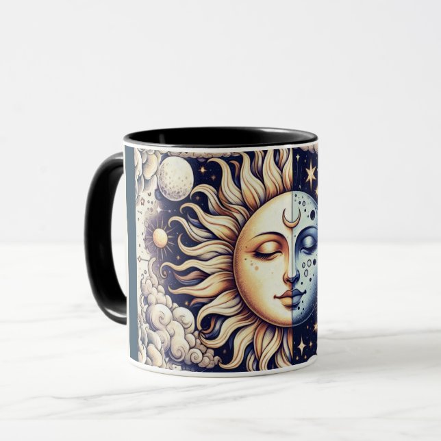 Vintage Celestial Halv Sol & Måne Blå Gul Mugg (Framsida vänster)