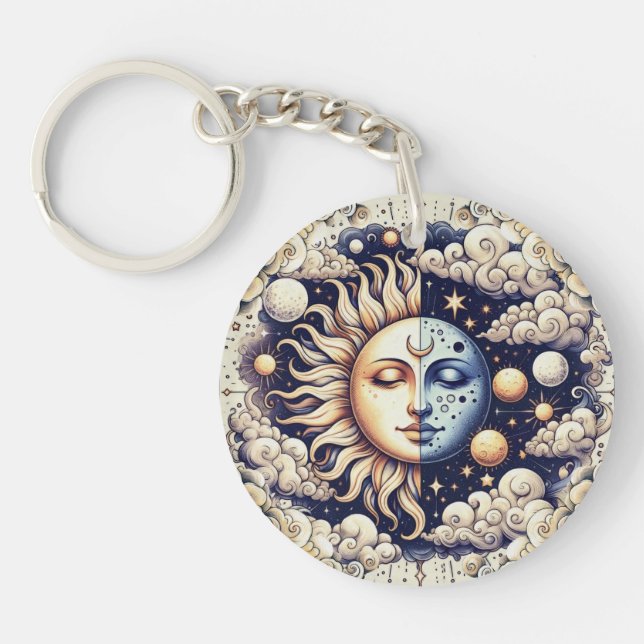 Vintage Celestial Halva Sol och Måne Blue Gult (Framsidan)
