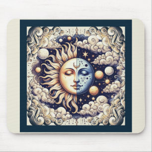 Vintage Celestial Halva Sol och Måne Blue Gult Musmatta
