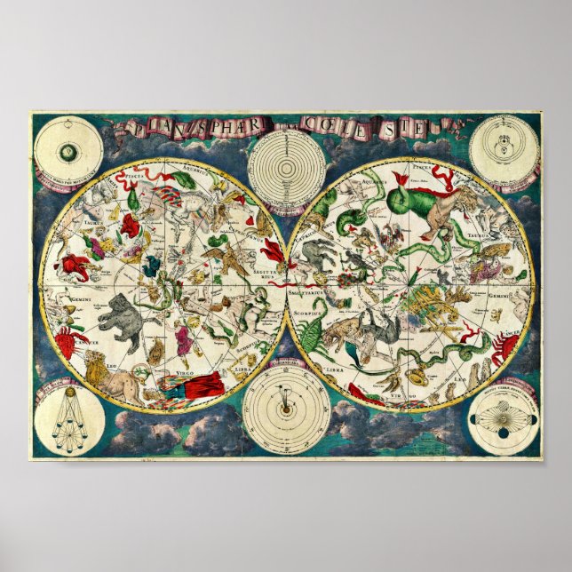 Vintage Celestial Karta i Constellations 1670 Poster (Framsidan)