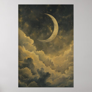 Vintage Celestial Moon Art Utskrift, Mystic Moon Poster