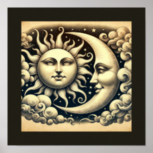 Vintage Celestial Sol & Måne Poster
