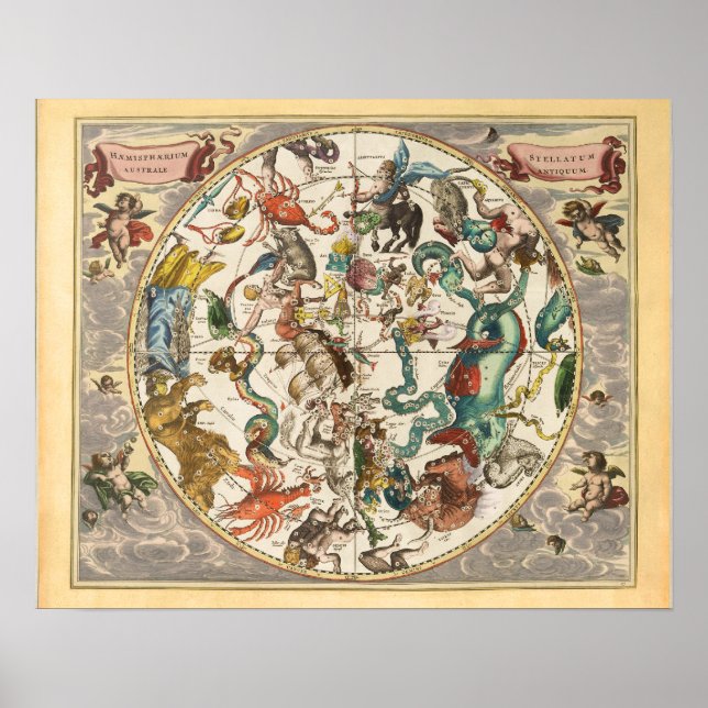Vintage Celestial Zodiac Star Constellation Karta Poster (Framsidan)