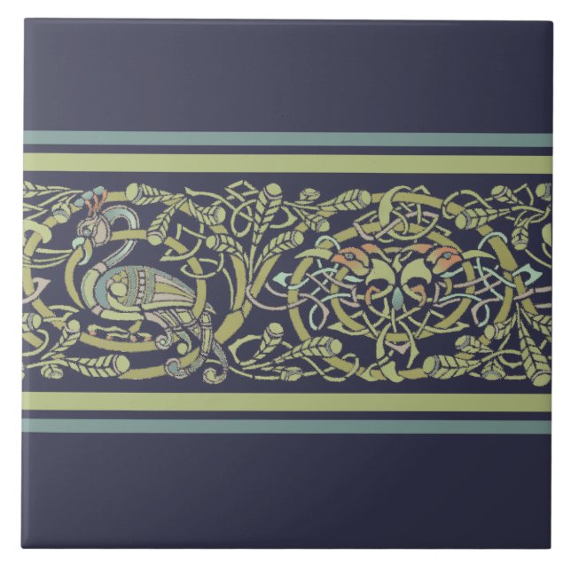 Vintage Celtic Knot Peacock Birds Mönster Frieze Kakelplatta (Framsidan)