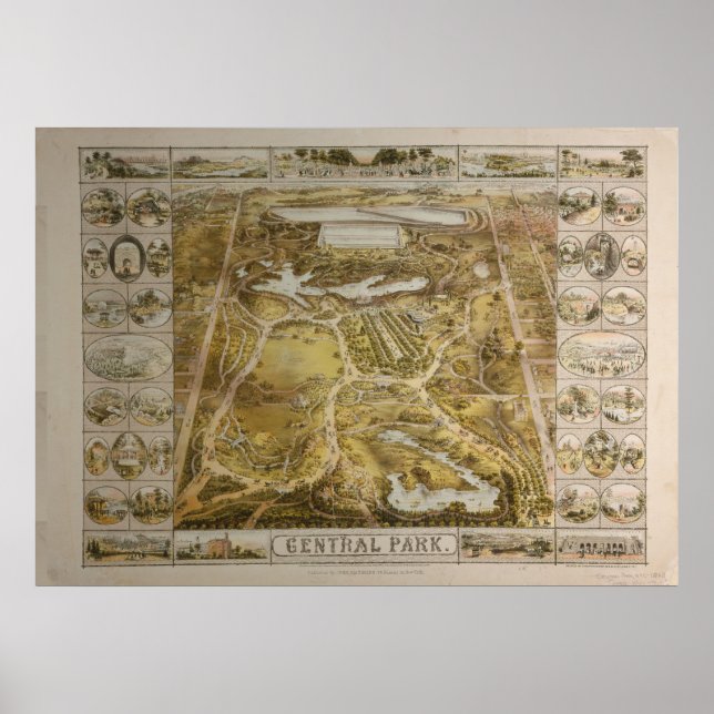 Vintage Central Park NYC Pictorial Karta (1863) Poster (Framsidan)