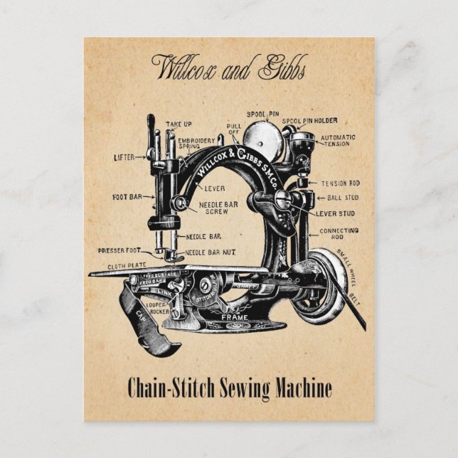 Vintage chain-Stitch Sewing Maskin Vykort (Framsida)
