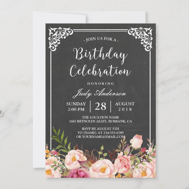 Vintage Chalkboard Blommigt Birthday Celebration Inbjudningar (Framsida)