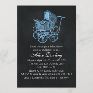 Vintage Chalkboard Blue Baby Carriage Baby Shower Inbjudningar
