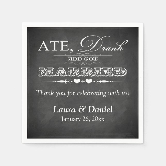 Vintage Chalkboard, Hearts Bröllop Napkins 3 Pappersservett (Framsidan)