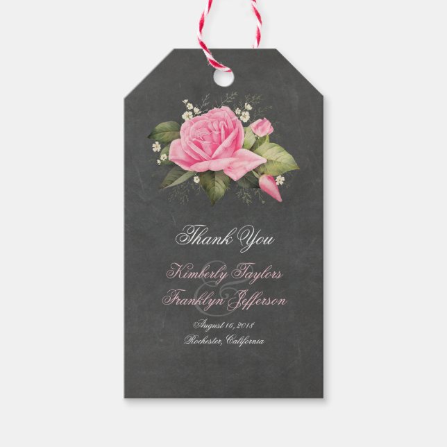 Vintage Chalkboard Rosa Flowers Bröllop Presentetikett (Framsidan)