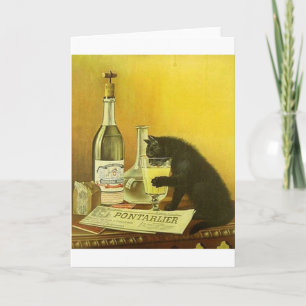 Vintage Champagne Drinking Black Cat Note Card Kort