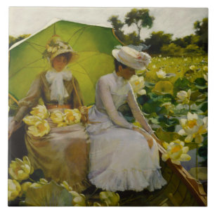 Vintage Charles Courtney Curran Lotus Lilies Kakelplatta