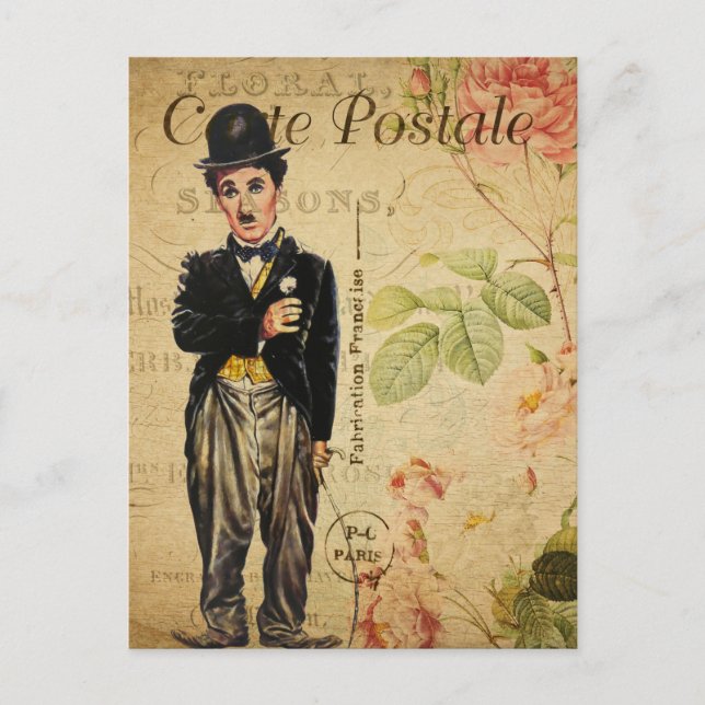 Vintage Charlie Chaplain Fransk Carte Postale Vykort (Framsida)