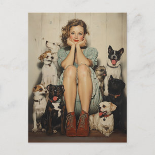 Vintage Charm = A Young Woman, omgiven av Hundar Vykort