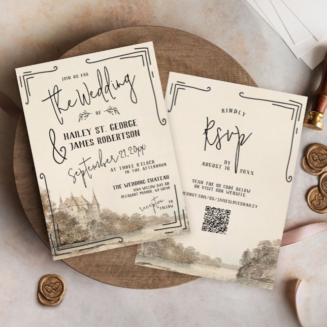 Vintage Chateau Hand plockade bröllopsinbjudan Inbjudningar (Watercolor French Chateau beige and black simple elegant hand drawn whimsical wedding invitation)