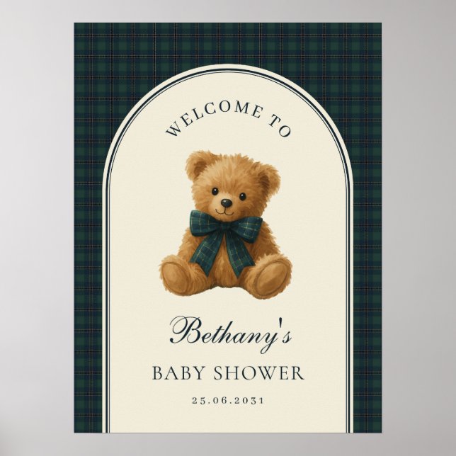 Vintage Check Teddy Bear Baby Shower Välkomstskylt Poster (Framsidan)