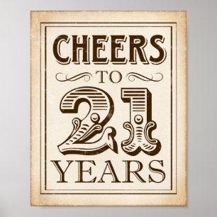 Vintage CHEERS TO 21 YARS Sign Print Poster