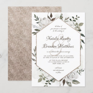 Vintage Cherish White Blommigt Hexagon Bröllop Inbjudningar