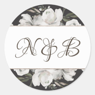 Vintage Cherish White Blommigt Monogram Bröllop Runt Klistermärke