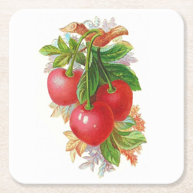 Vintage Cherries illustration Underlägg Papper Kvadrat (Framsidan)