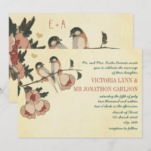 Vintage Cherry Blommar Chickadee Damask Wedding Inbjudningar
