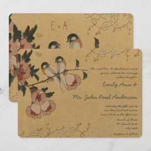 Vintage Cherry Blommar Chickadee Damask Wedding Inbjudningar