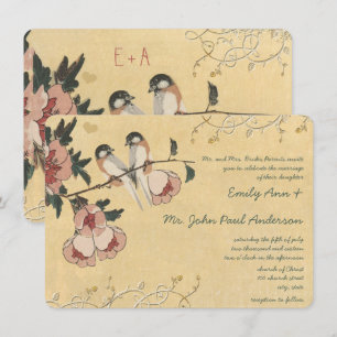 Vintage Cherry Blommar Chickadee Damask Wedding Inbjudningar