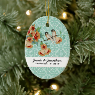 Vintage Cherry Blommar Love Bird Peach Mint Julgransprydnad Keramik