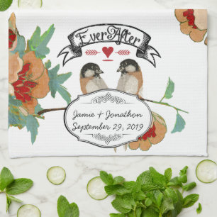 Vintage Cherry Blommar Love Bird Peach Mint Kökshandduk