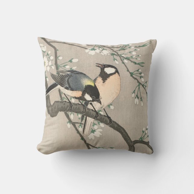 Vintage Cherry Blommar och fågelmålning Kudde (Framsida)