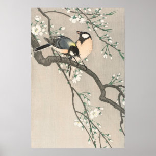 Vintage Cherry Blommar och fågelmålning Poster
