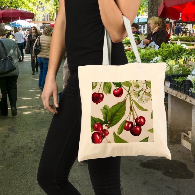 Vintage Cherry Illustration Tote Bag Tygkasse (Skapare uppladdad)