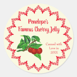 Vintage Cherry Jelly Home Canning Label with Namn Runt Klistermärke